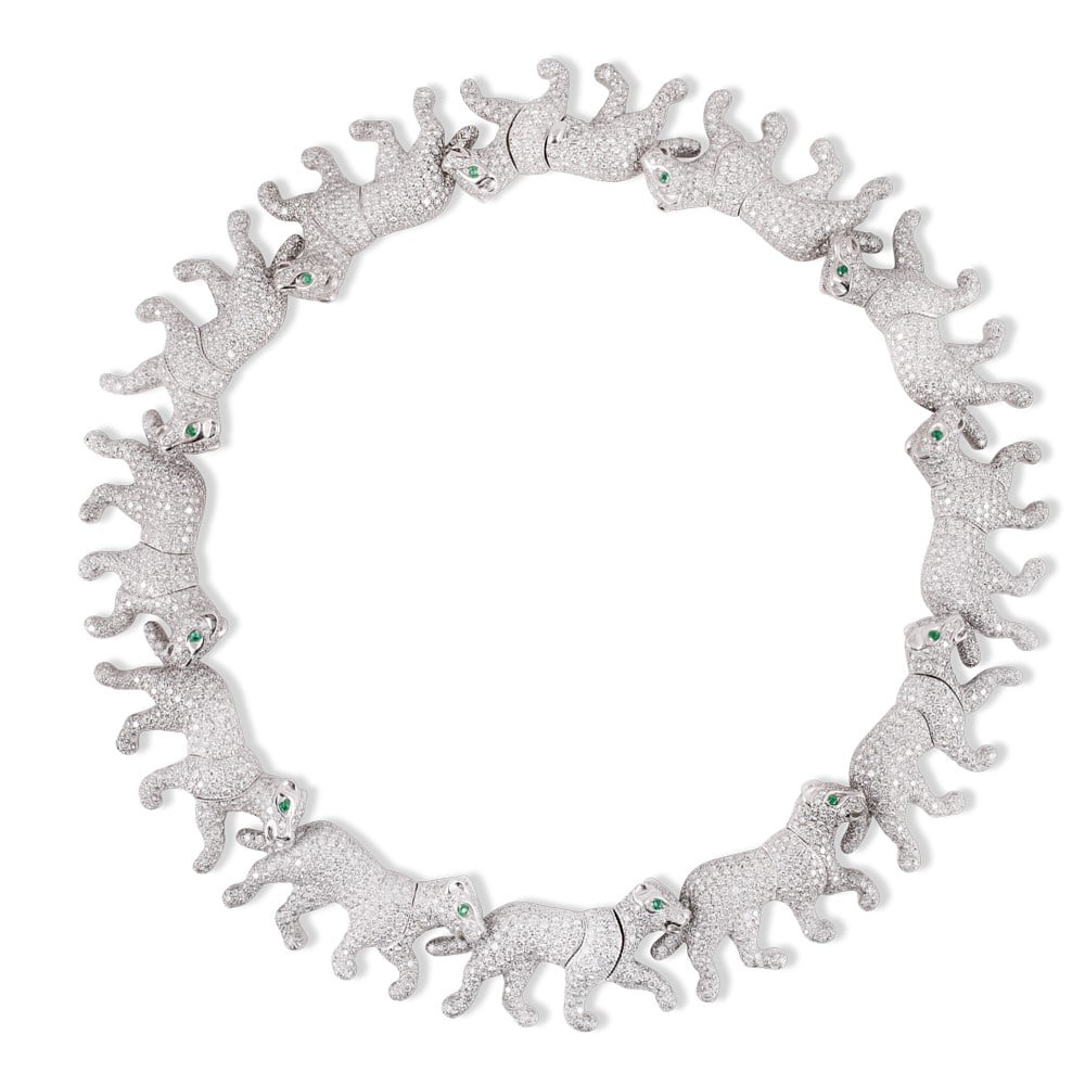 PLATINUM NECKLACE SET WITH DIAMONDS AND EMERALDS: Total weight gr. 354,2 Total diamonds weight approx. 80 ct Length approx. 43 cm