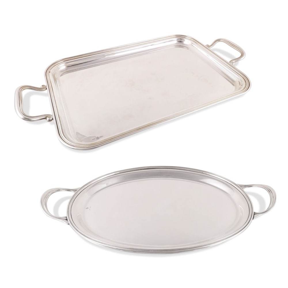 TWO 800 SILVER TRAYS: Total weight approx. gr. 1.010 Dimensions approx. 39 x 21,5 cm and 37 x 22 cm Italian manufacture