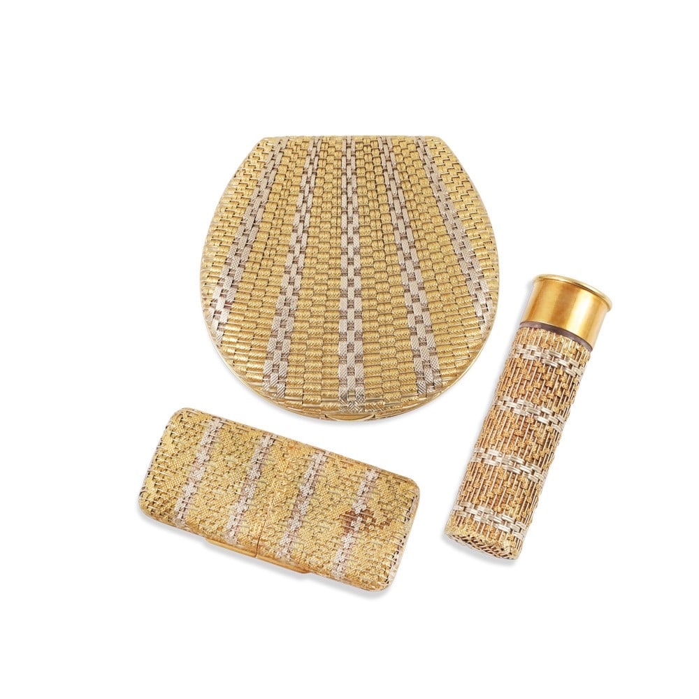 18KT YELLOW AND WHITE GOLD VANITY SET COMPRISING A COMPACT, PILLBOX AND LIPSTICK HOLDER (1 of 1)