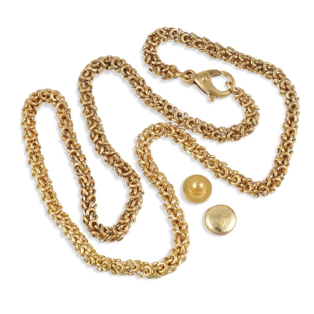 LOT COMPRISING A NECKLACE, A LENTIL-SHAPED DISC IN 18KT GOLD AND A SMALL WEIGHT IN 24KT GOLD: Total 18KT gold items weight gr. 43,1 24KT gold item weight gr. 2,2 Necklace length 44,5 cm Disc and weight signed Pomellato