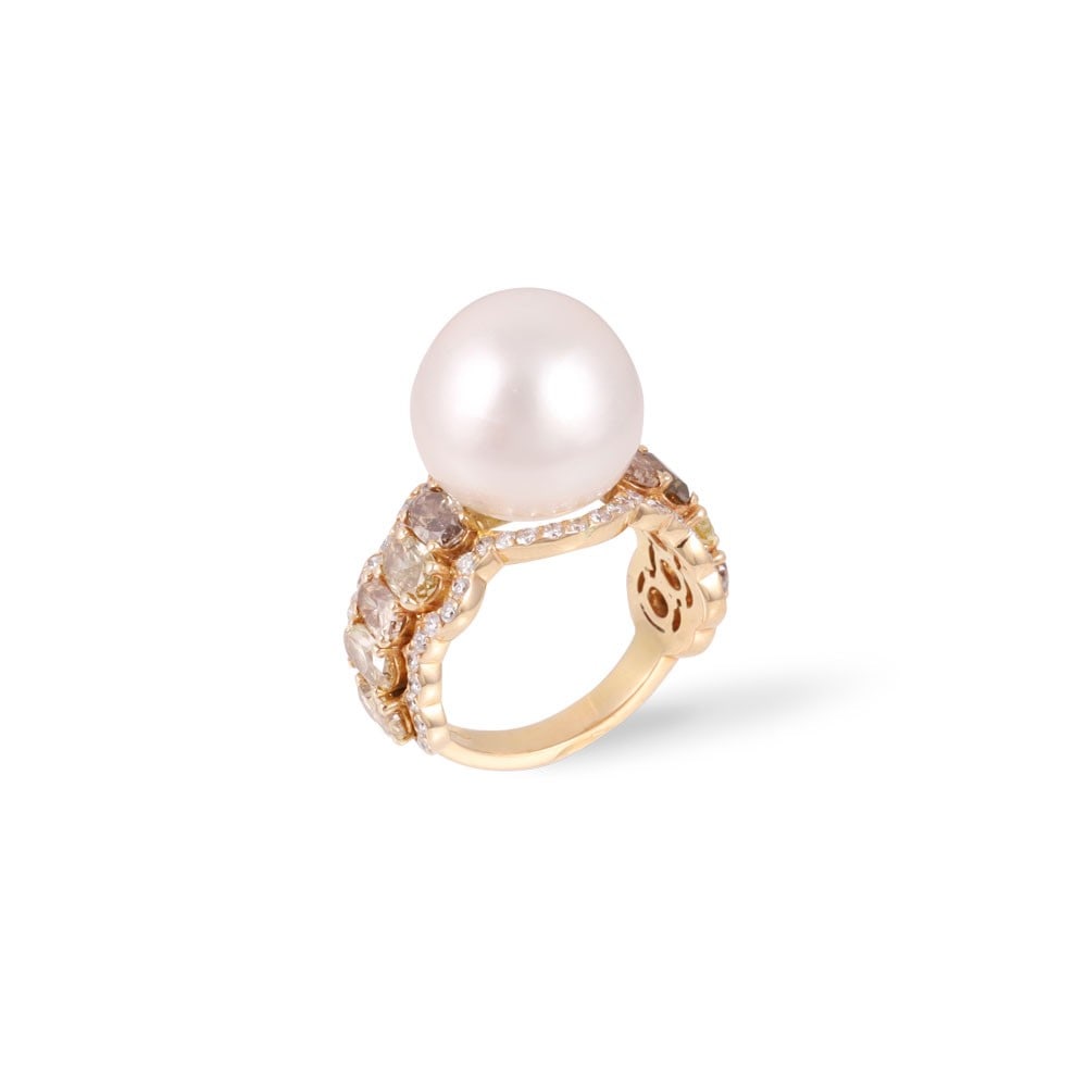18KT GOLD RING SET WITH A CULTURED SOUTH SEA PEARL, BROWN AND COLORLESS DIAMONDS (1 of 1)