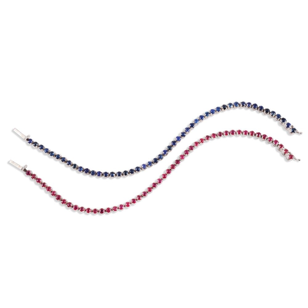 TWO 18KT GOLD TENNIS BRACELET SET WITH SAPPHIRES AND RUBIES: Total weight gr. 24,1 Length approx. 17 cm and 17,5 cm