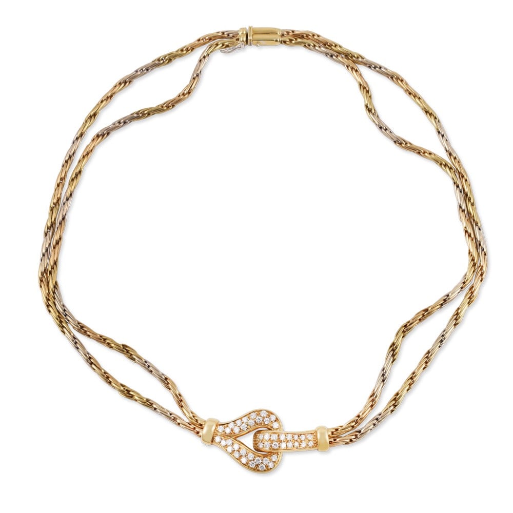 18KT YELLOW AND WHITE GOLD NECKLACE WITH DIAMOND-SET CENTRAL MOTIF: Total weight gr. 52,9 Total diamonds weight approx. 1 ct Length 40 cm