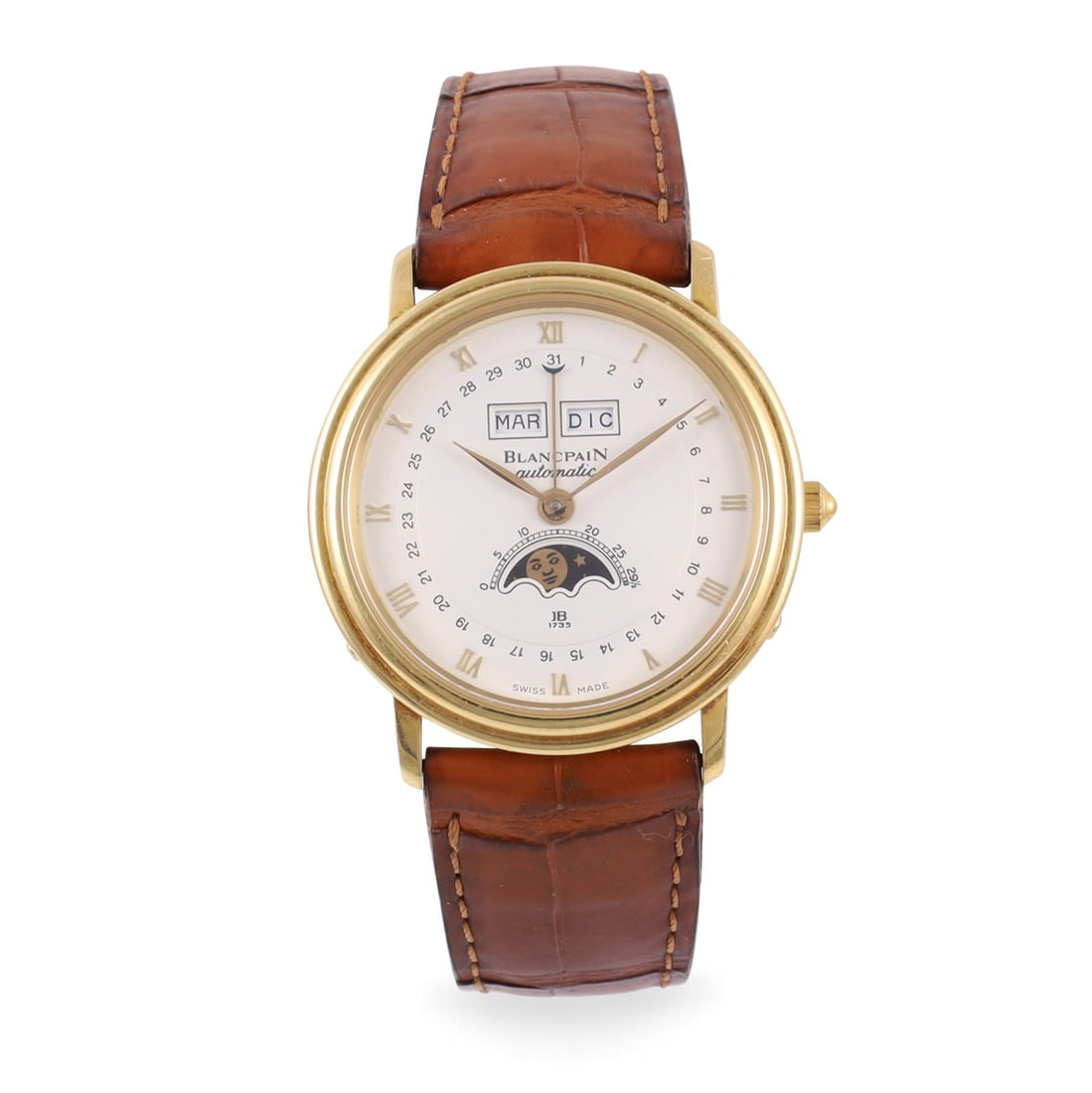 BLANCPAIN: BLANCPAIN Ref: 'Villeret', No. 1414 A fine, self-winding, 18K yellow gold wristwatch with triple calendar, moonphase and gold original buckle Made circa 1990 DIAM: 34 mm