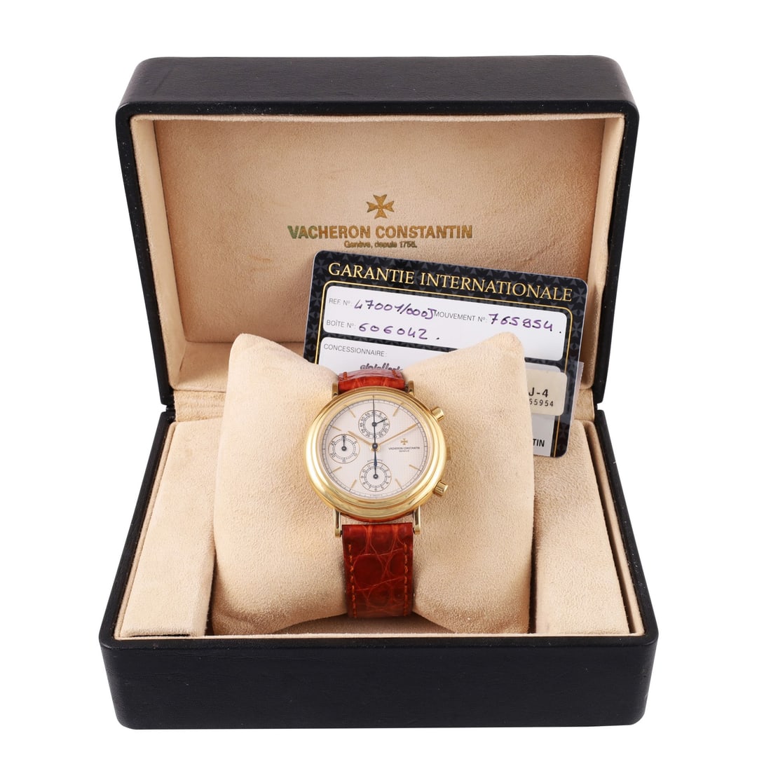 VACHERON CONSTANTIN: VACHERON CONSTANTIN Ref: 47001, 'Historiques' Fine, self-winding, 18K yellow gold chronograph wristwatch with original gold buckle Movement and case signed and numbered. Accompanied by the original