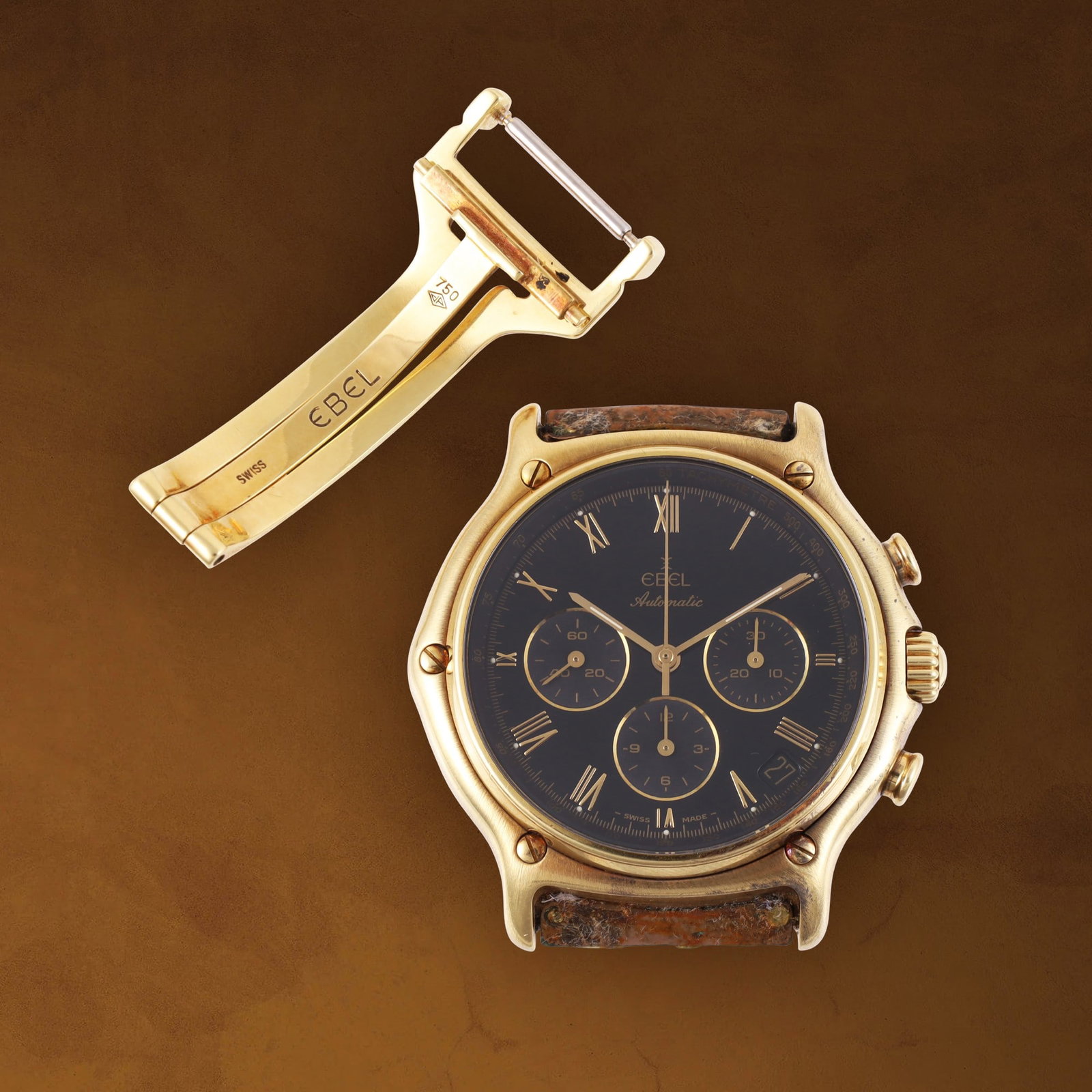 EBEL: EBEL Ref: 8134901, 'El Primero Mark 2' Fine and attractive, self-winding, 18K yellow gold wristwatch with date and original gold deployant clasp Made circa 1980 DIAM: 38 mm Note: in very good