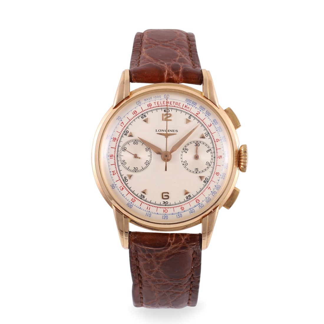 Longines: Longines Ref: 5966 Fine and rare, 18K pink gold chronograph wristwatch Made circa 1954, movement signed, No. 9401458, cal. 30 CH DIAM: 37 mm