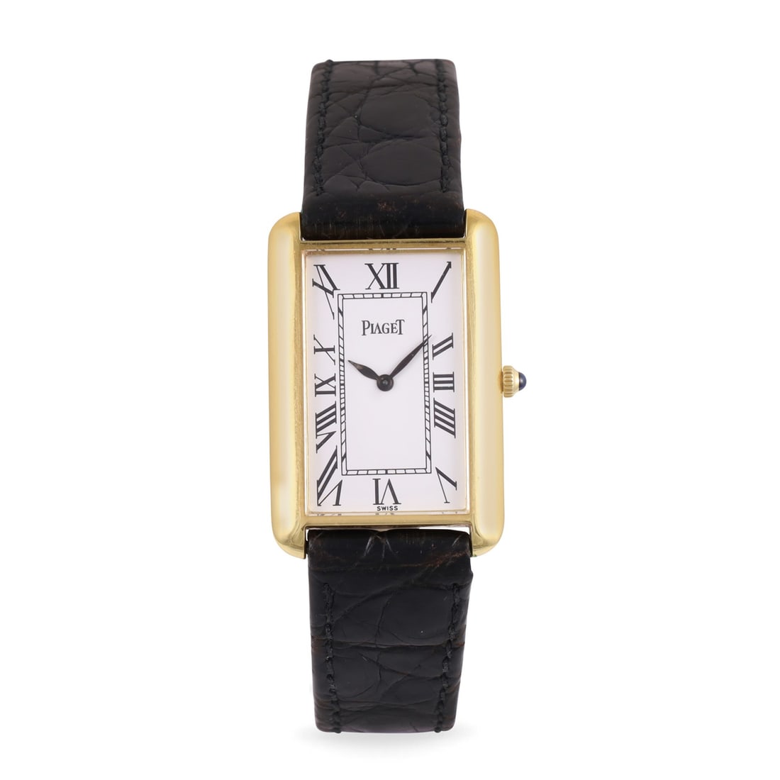 PIAGET: PIAGET Ref: 9228, 'Tank Allongee' Fine, rectangular shaped, 18K yellow gold wristwatch with gold original buckle Made circa 1980. Accompanied by overhaul Certificate DIM: 23 x 34 mm