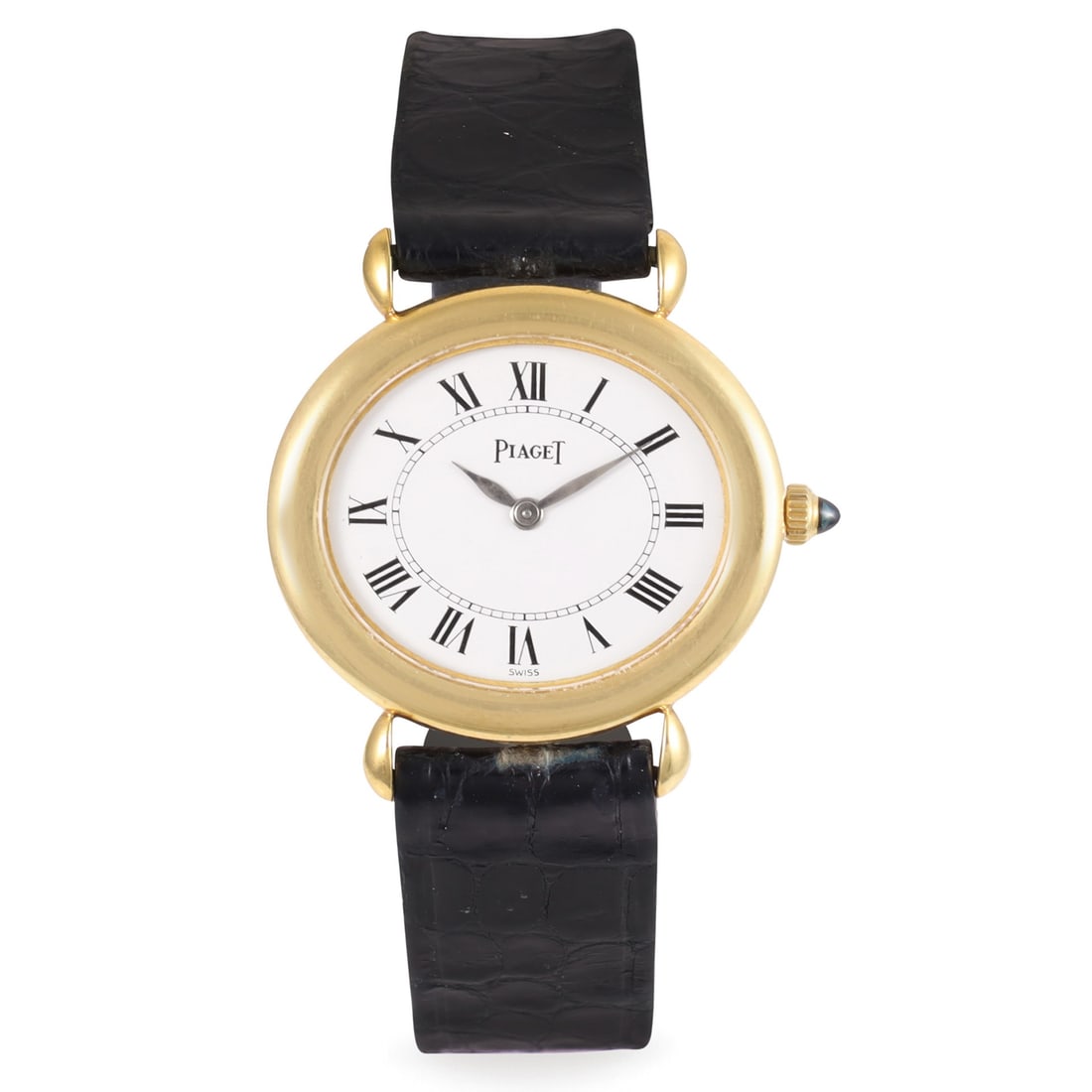 Piaget: Piaget Ref: 98120 Fine and elegant, 18K yellow gold, horizontal oval-shaped, lady’s wristwatch, case-back screwed by four screws, tear-drop lugs, cabochon sapphire-set crown and original gold