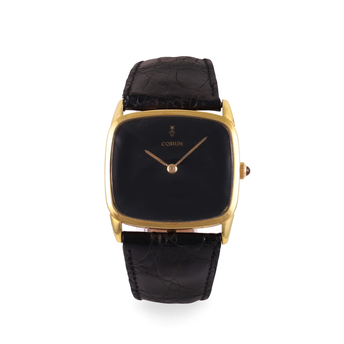 Corum: Corum Fine and elegant, 18K yellow gold wristwatch with black enamel dial Made circa 1970 DIM: 33 x 36 mm