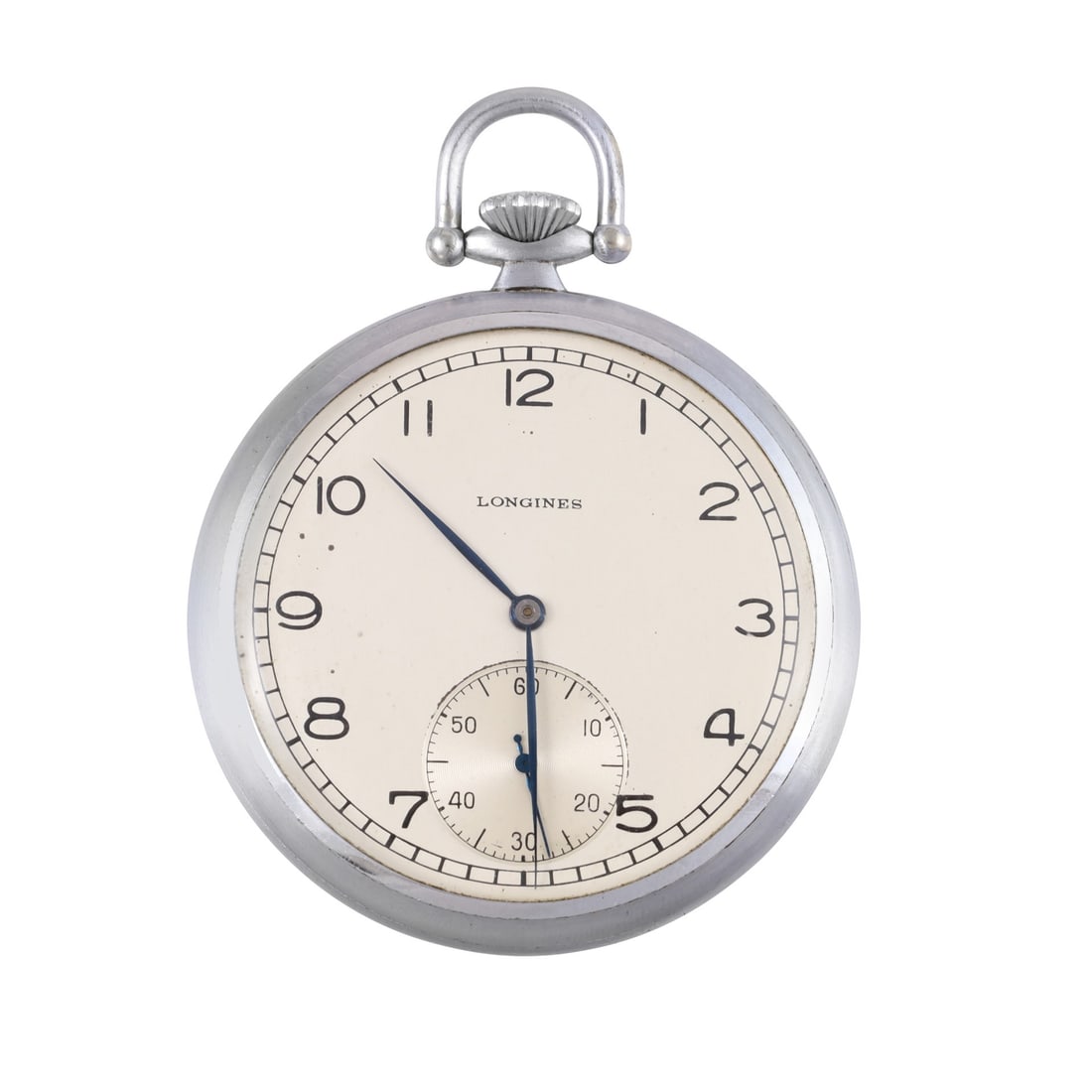 Longines: Longines Ref: 4640 Fine, open face stainless steel pocket watch Made in 1945. Accompanied by Longines Extract from the Archives DIAM: 47 mm