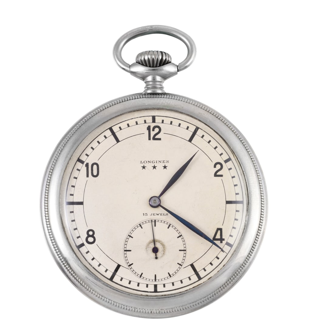 Longines: Longines Fine, open face, metal pocket watch with screw down case back DIAM: 51 mm Accompanied by Longines Extract from the Archives