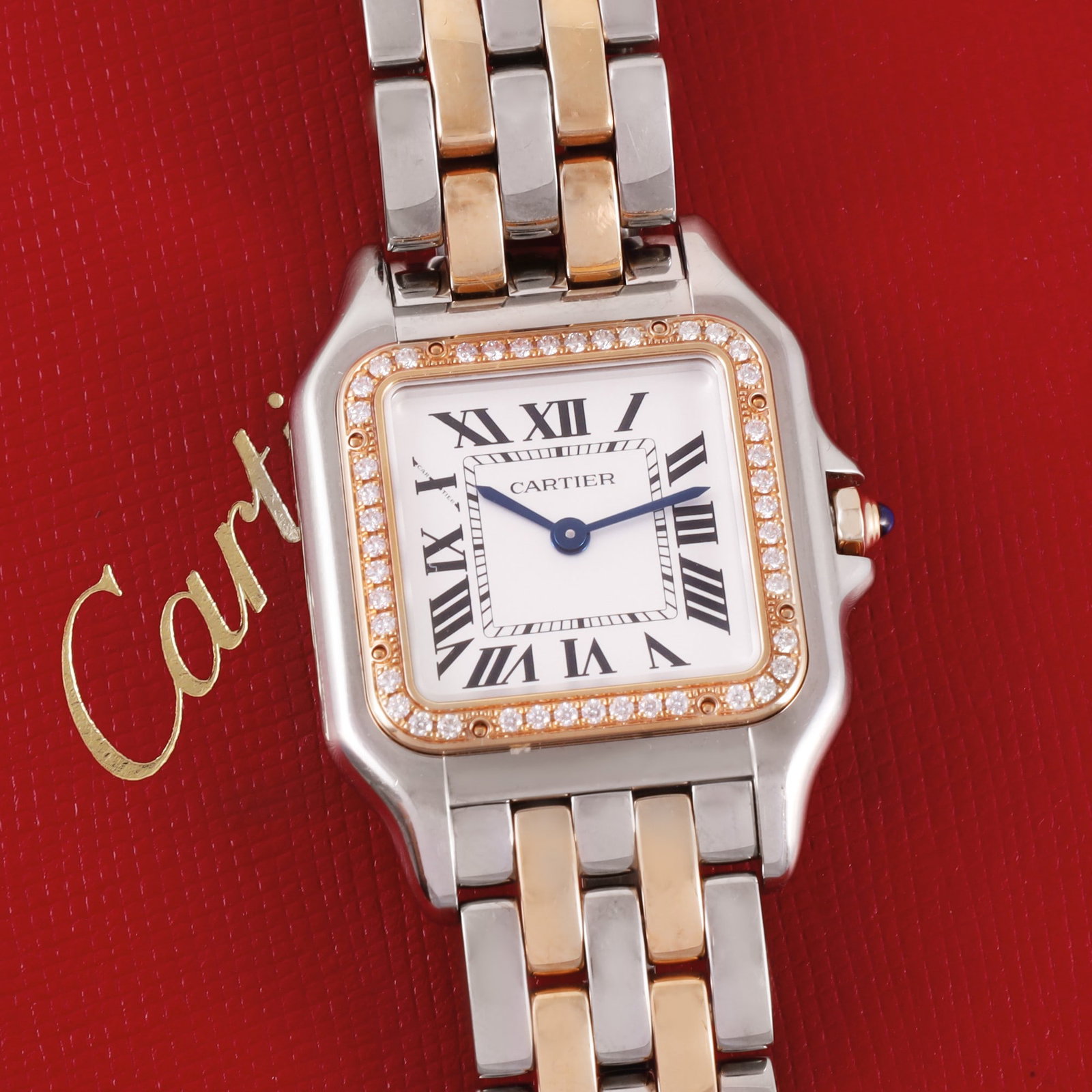 CARTIER: CARTIER Ref: 'Panthere Medium', W3PN007, 4119 A very fine and elegant, square, 18k pink gold and steel quartz wristwatch with diamond-set bezel and 18K pink gold and steel Cartier link