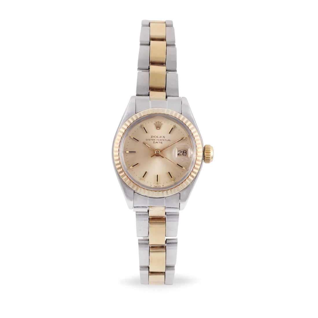 ROLEX: ROLEX Ref: 6917, 'Date' Fine, self-winding, steel and gold wristwatch with date and Oyster bracelet with deployant clasp Made in 1973 DIAM: 26 mm