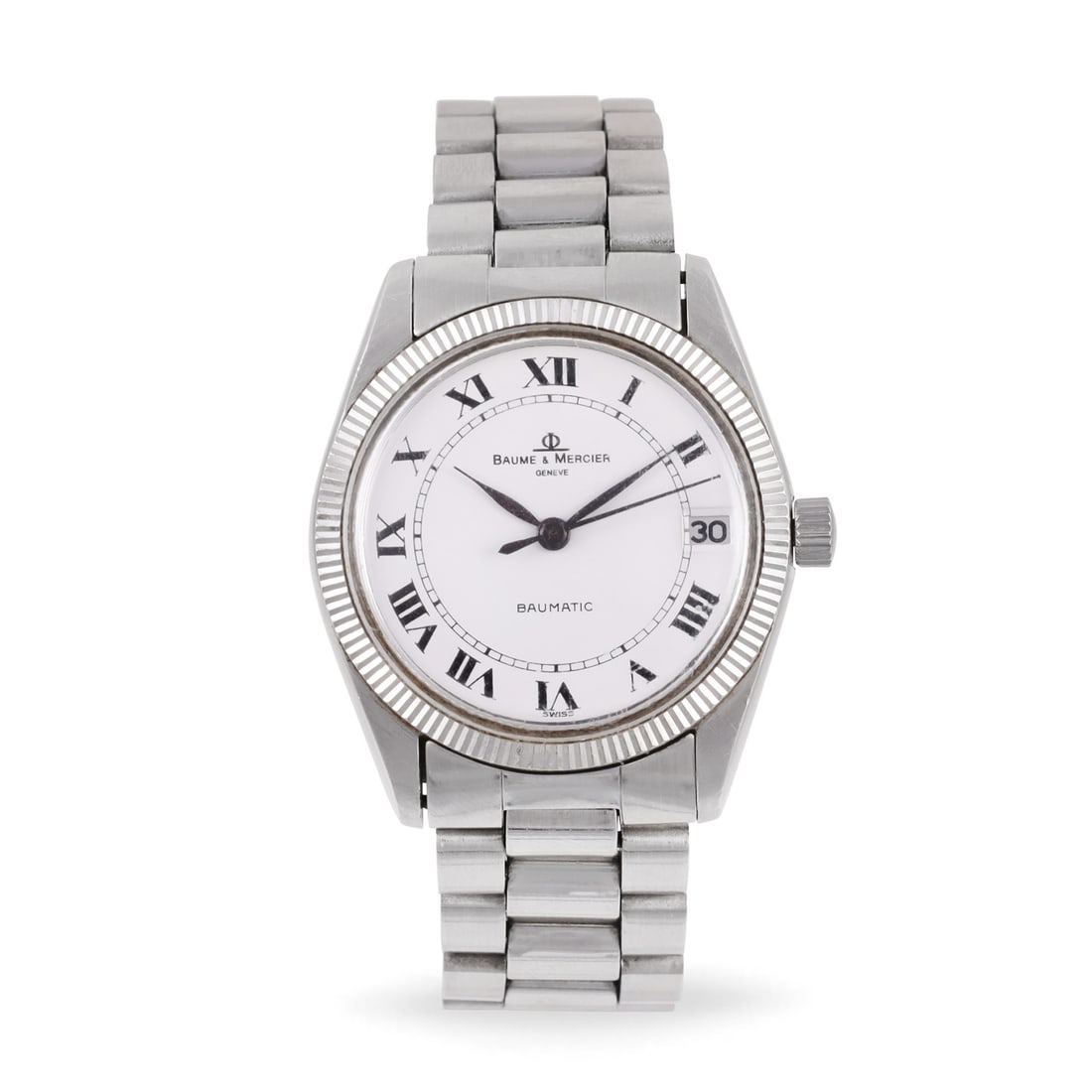 Baume Et Mercier: Baume Et Mercier Ref: 1185-2, 'Baumatic' Fine, self-winding, stainless steel wristwatch with date and original bracelet with deployant clasp Made circa 1980 DIAM: 34 mm