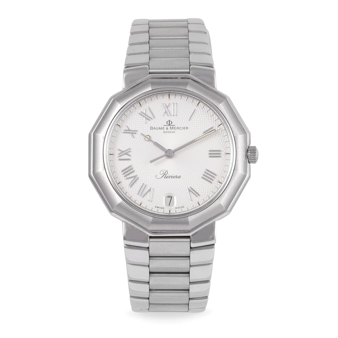 Baume Et Mercier: Baume Et Mercier Ref: 'Riviera' Fine, stainless steel quartz wristwatch with date and original bracelet with deployant clasp Sold in 1998. Accompanied by the original box and Guarantee DIAM: 36 mm