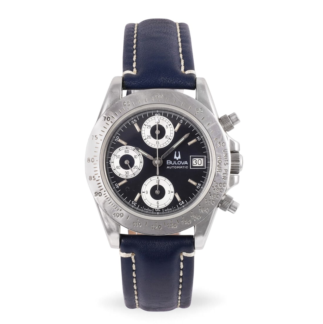 Bulova: Bulova Ref: 13067 Fine, stainless steel chronograph wristwatch with date and original buckle Made in 1990's. Accompanied by the original box and Guarantee DIAM: 40 mm
