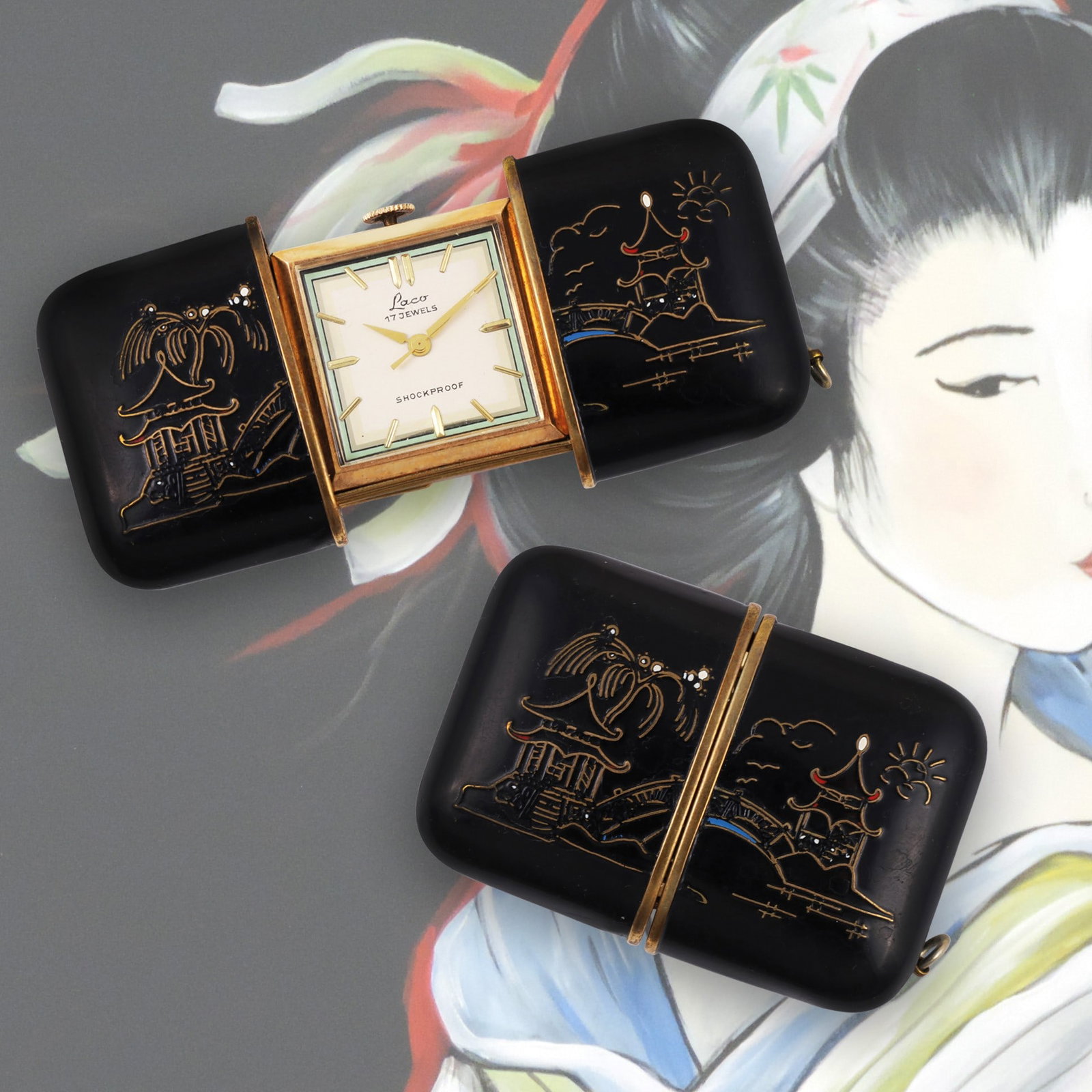 LACO: LACO Ref: 'Ermeto' Metal and black enameled pagoda scene travel clock Made circa 1960 DIM: 52 x 35 mm (closed)
