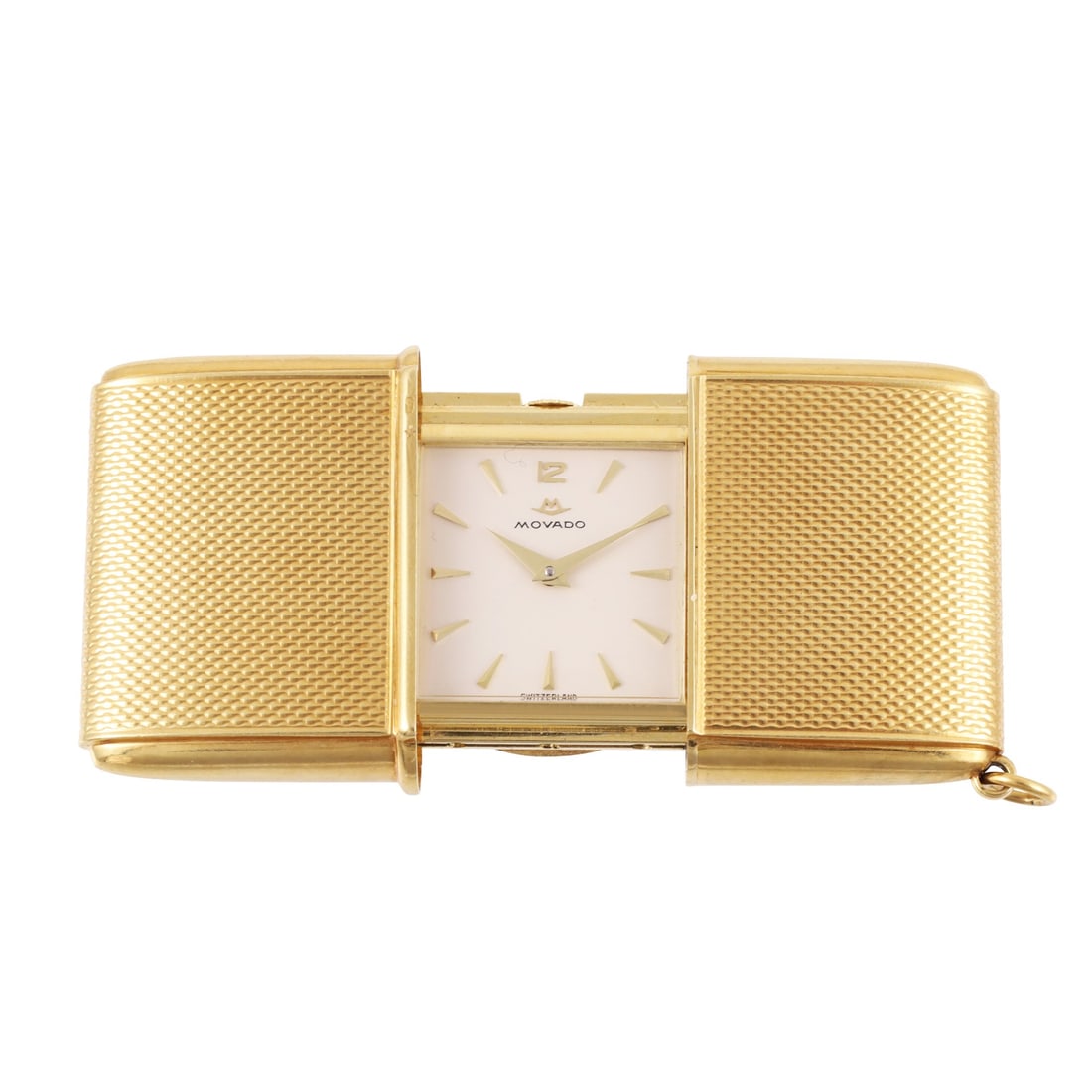 Movado: Movado Ref: 'Ermeto' A fine and rare, manual winding 18K yellow gold travel clock Made circa 1960 DIM: 45 x 30 mm ( closed)