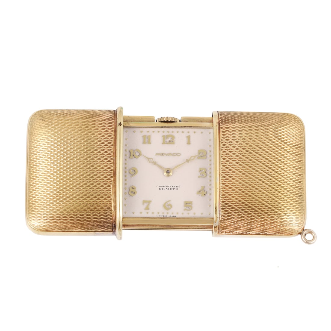 Movado: Movado Ref: 'Ermeto' Fine and unusual gold plated travel clock Made circa 1940 DIM: 45 x 31 mm ( closed )