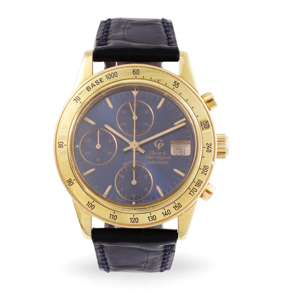 Girard Perregaux: Girard Perregaux Ref: 1030, 'Olimpico' Fine, self-winding, 18K yellow gold chronograph wristwatch with original gold buckle Accompanied by the original box. Made in 1992 DIAM: 38 mm NOTE: The