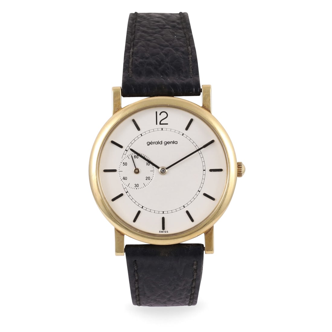 Gerald Genta: Gerald Genta Ref: G3134.4 Fine, self-winding, 18K yellow gold wristwatch with gold original buckle Made circa 1990. Accompanied by the original box and guarantee DIAM: 33 mm