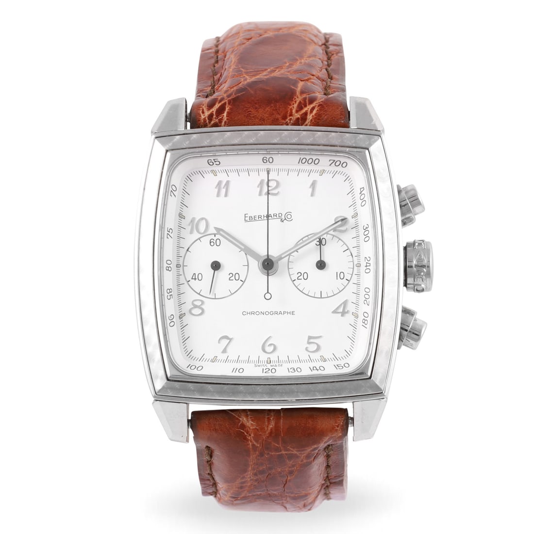 EBERHARD: EBERHARD Ref: 31034, 'Quadrangolo' Fine, stainless steel chronograph wristwatch with original buckle Made circa 1990. Accompanied by the original box and Guarantee DIM: 34 x 45 mm