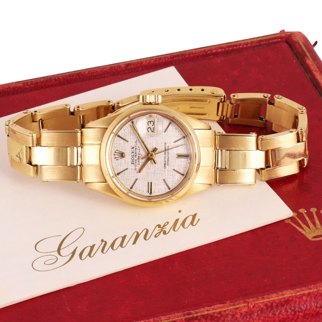ROLEX: ROLEX Ref: 6516, 'Datejust' Fine, self-winding, 18K yellow gold lady's wristwatch with date and original gold riveted bracelet Made in 1969. Accompanied by the original box and Guarantee DIAM: 26 mm