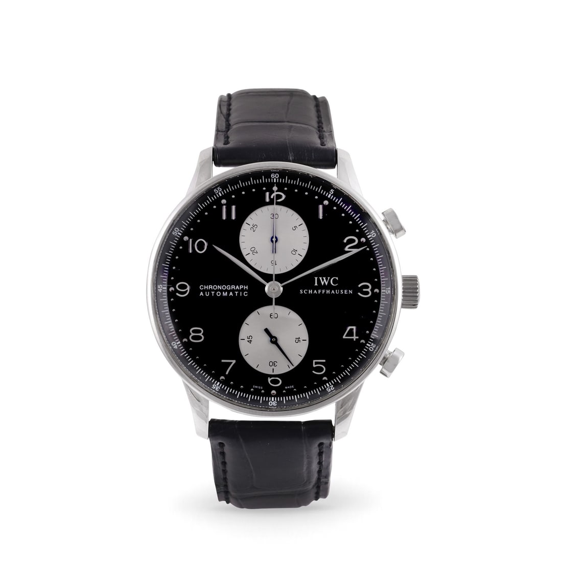IWC: IWC Ref: 3714, 'Portoghese' Fine and large, self-winding, stainless steel chronograph wristwatch with original deployant clasp Made circa 2000's DIAM: 40 mm Note: in very good condition