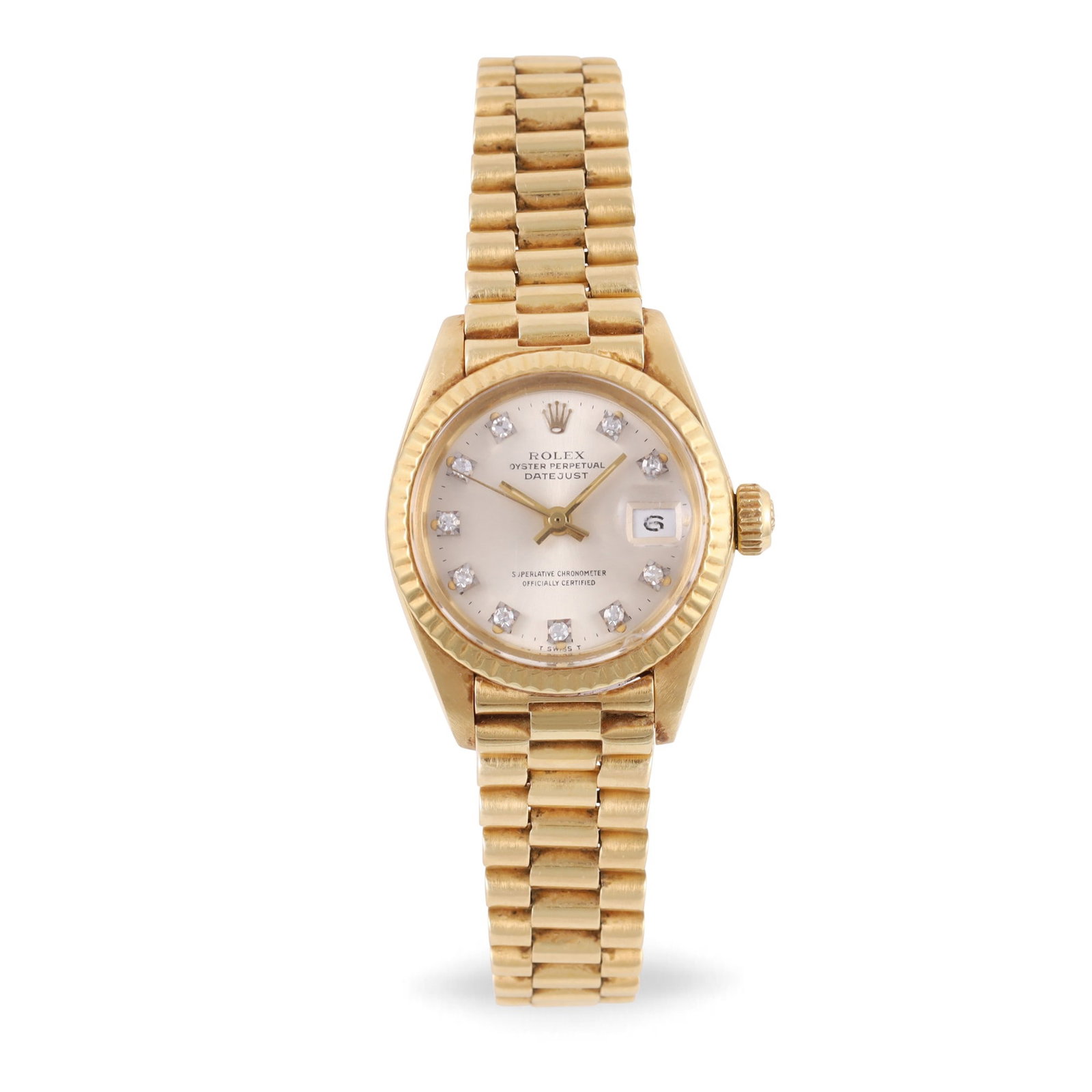 ROLEX: ROLEX Ref: 6917 Fine and elegant, self-winding, 18K yellow gold wristwatch with date, diamond dial, original gold President bracelet with deployant clasp Made circa 1980 DIAM: 26 mm