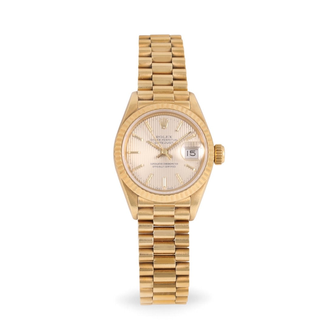 ROLEX: ROLEX Ref: 69178, 'Datejust' Fine and elegant, 18K yellow gold wristwatch with date and president bracelet with deployant clasp Accompanied by the original box and original green sticker on the back D