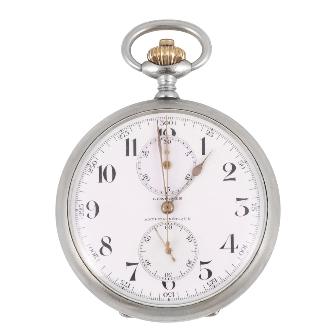 Longines: Longines Large, metal chronograph pocket watch Case and movement signed and numbered DIAM: 51 mm