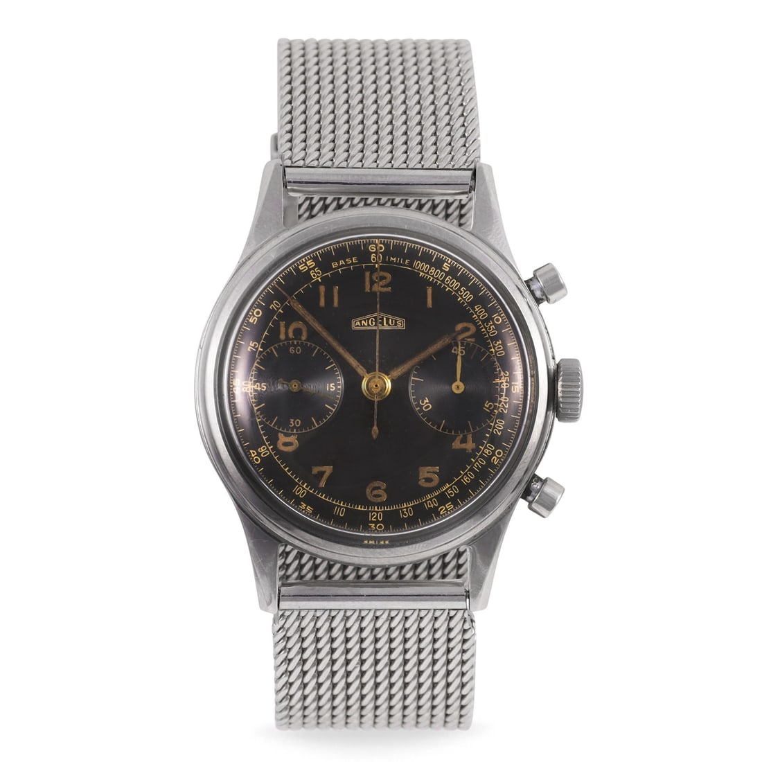 ANGELUS: ANGELUS Fine, stainless steel chronograph wristwatch with gilt black dial Made circa 1940 DIAM: 38 mm