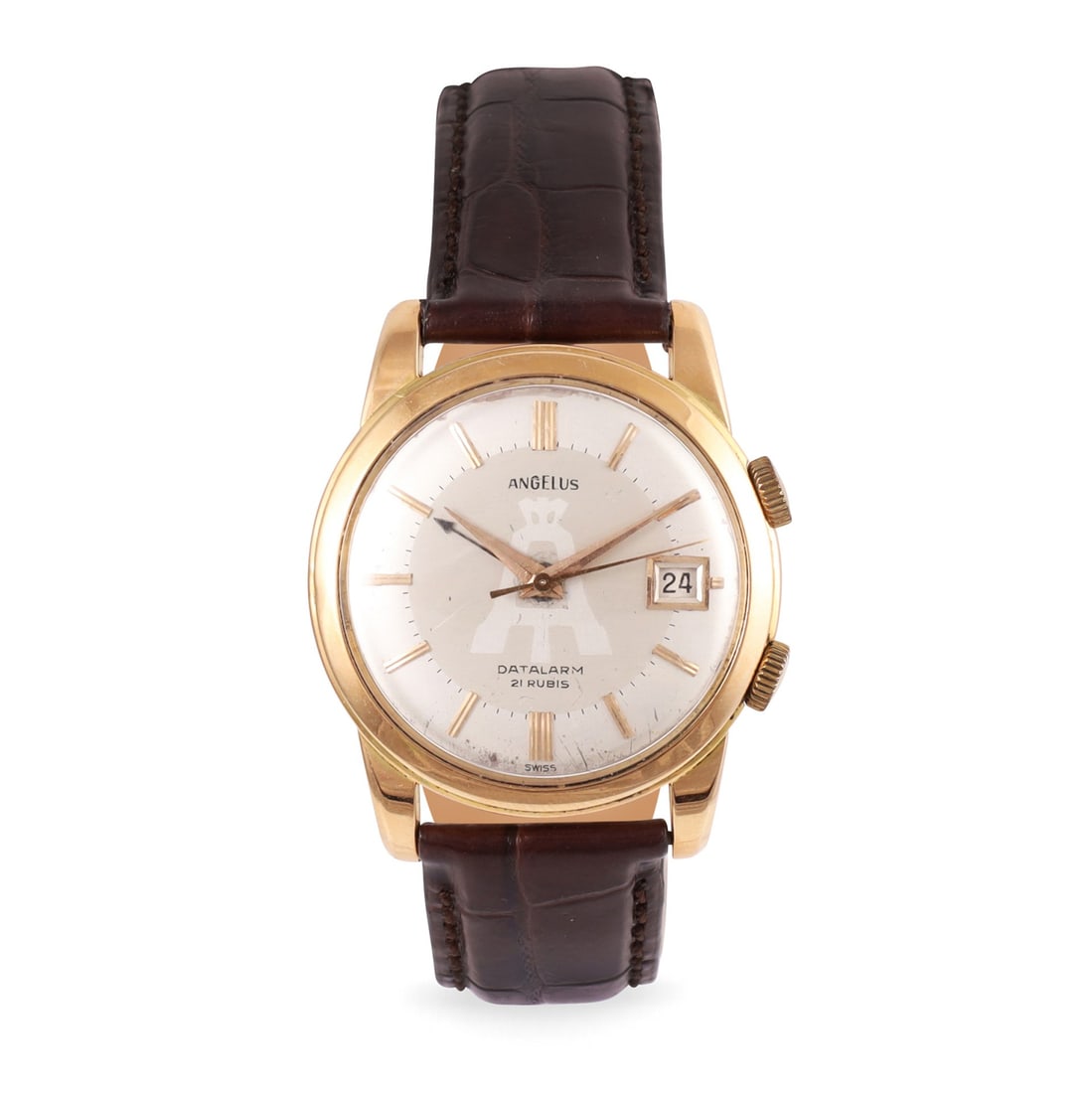 ANGELUS: ANGELUS Ref: 1011, 'Alarm' Fine, 18K yellow gold wristwatch with date and alarm Made circa 1960 DIAM: 35 mm