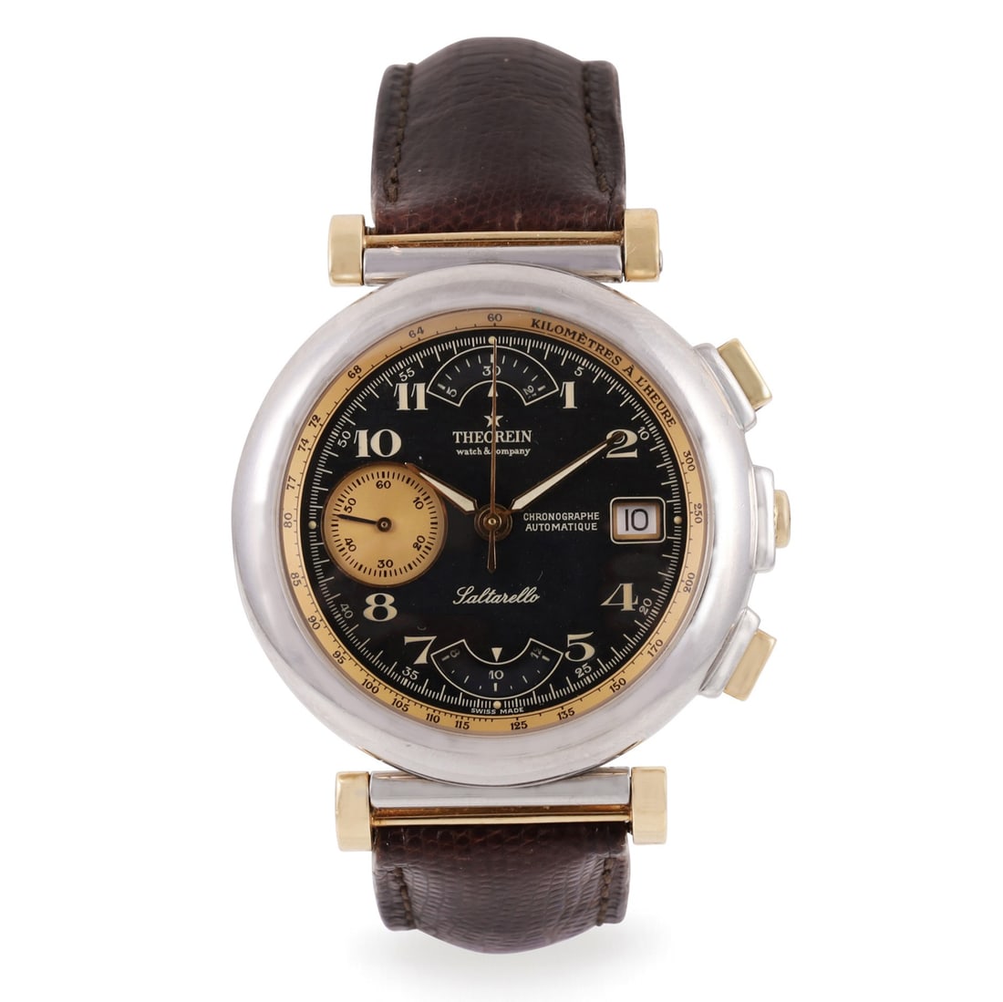 THEOREIN KELEK: THEOREIN KELEK Ref: 'Salterello' Unusual and large, self-winding, steel and gold chronograph wristwatch with date, jumping hours and original steel buckle Made circa 1990 DIAM: 40 mm Note: