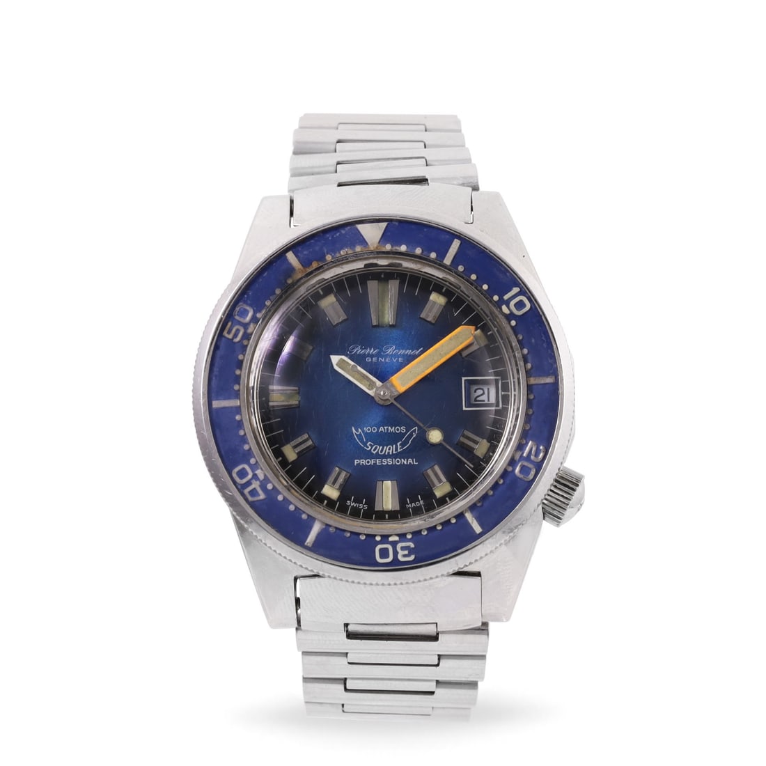SQUALE: SQUALE Ref: 'Master' Fine and large, self-winding, stainless steel diver's wristwatch with date, blue bakelite bezel and original bracelet with deployant clasp Made circa 1970 DIAM: 41 mm