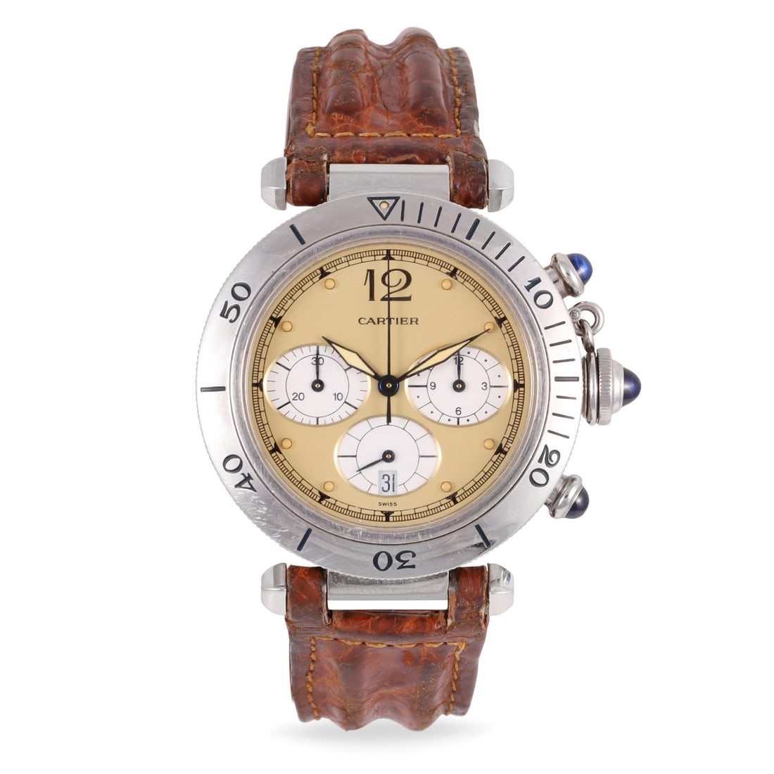 CARTIER: CARTIER Ref: 'Pasha' Fine, stainless steel quartz chronograph wristwatch with original deployant clasp Made in 1990 DIAM: 38 mm