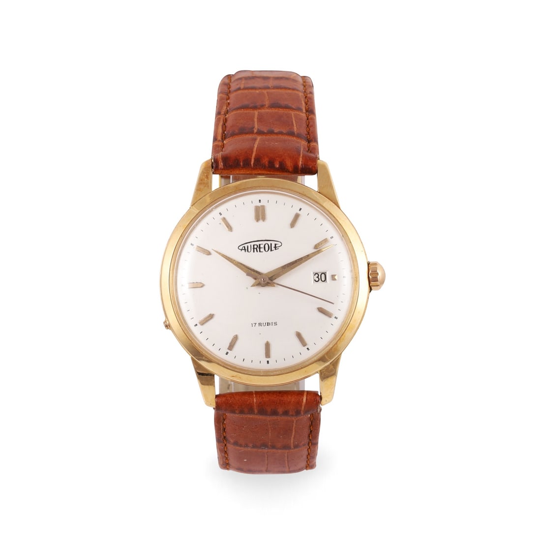 AUREOLE: AUREOLE Ref: 615D2 Fine, 18K yellow gold wristwatch with date and screw down case back Made circa 1960 DIAM: 36 mm Note: New Old Stock