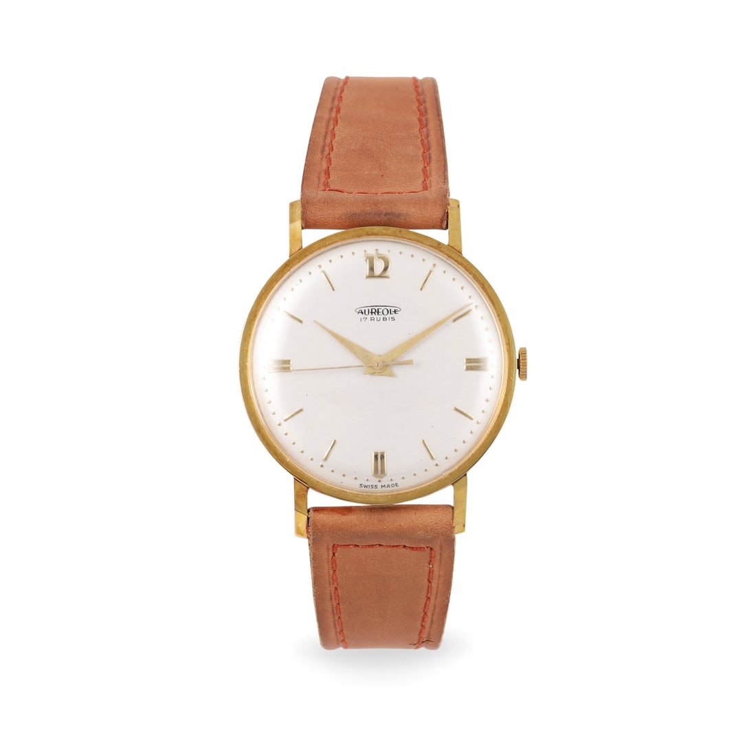 AUREOLE: AUREOLE Fine, 18K yellow gold wristwatch Made circa 1960 DIAM: 34 mm Note: New Old Stock, original sticker on the back