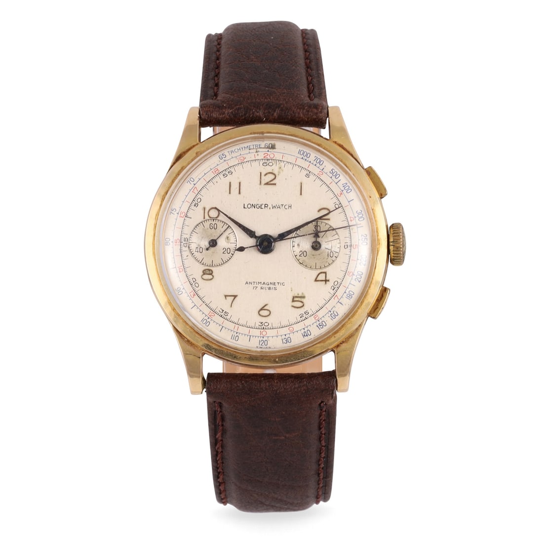 LONGER WATCH: LONGER WATCH Fine and large, 18K yellow gold chronograph wristwatch Made circa 1950 DIAM: 37 mm