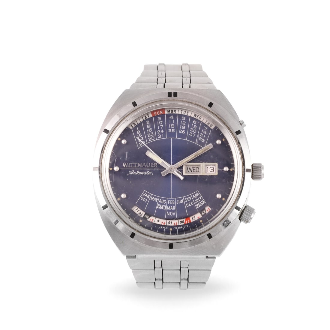 WITTNAUER: WITTNAUER Ref: '2000 Time Machine' Fine and unusual, self-winding, stainless steel wristwatch with perpetual calendar and original bracelet with deployant clasp Made circa 1970 DIM: 43 x 45 mm