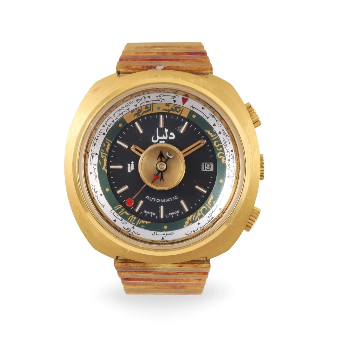 DALIL: DALIL Ref: 'Muslim, Monte-Carlo' Fine and unusual, self-winding, gold plated and steel wristwatch with date Made circa 1970 DIAM: 44 mm Note: This watch provided their intended customers with a