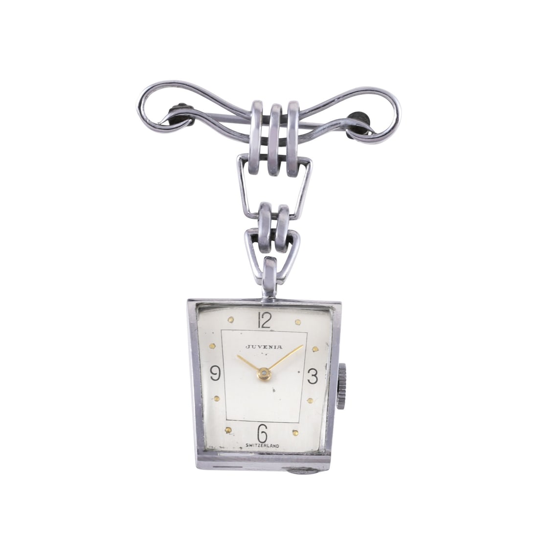 Juvenia: Juvenia In metal, manual winding, dated 1950 DIM: 17 x 21 x 8 mm Case and movement signed, overhaul recommended