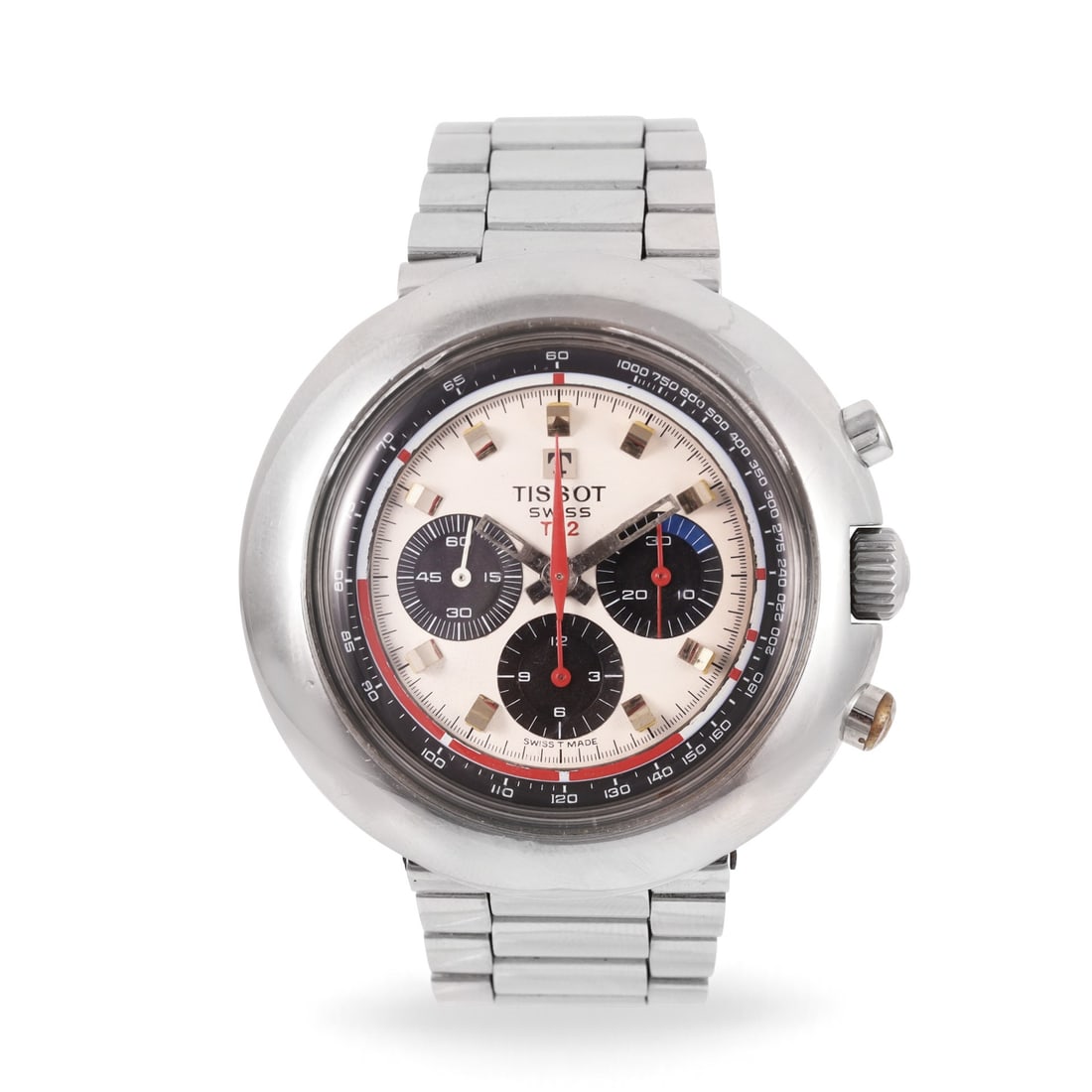Tissot: Tissot Ref: 'T12' Fine and large, stainless steel wristwatch with Gay Freres bracelet and deployant clasp Made circa 1968, movement signed, cal. 873 Lemania DIAM: 44 mm