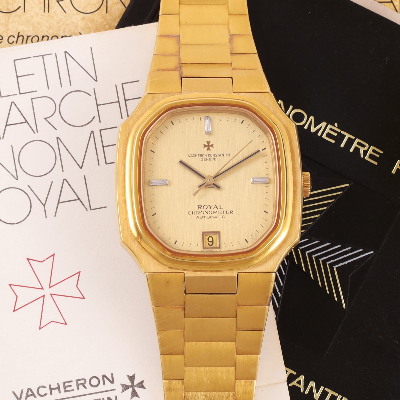 VACHERON CONSTANTIN: VACHERON CONSTANTIN Ref: 2215, 'Royal', No. 313, case No. 514300 Fine and very rare, self-winding, 18K yellow gold wristwatch with original gold bracelet and diamond indexes Made circa 1970. Accompani
