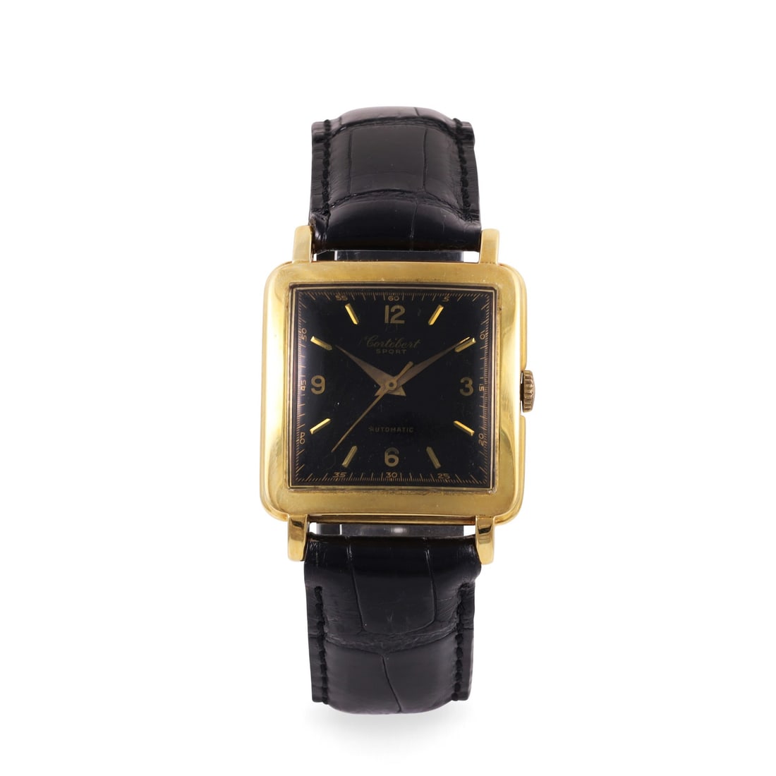 Cortebert: Cortebert Ref: Sport, 'Cioccolatino' Fine and square shaped, self-winding, 18K yellow gold wristwatch Made circa 1960, movement signed, bumper rotor DIM: 31 x 39 mm