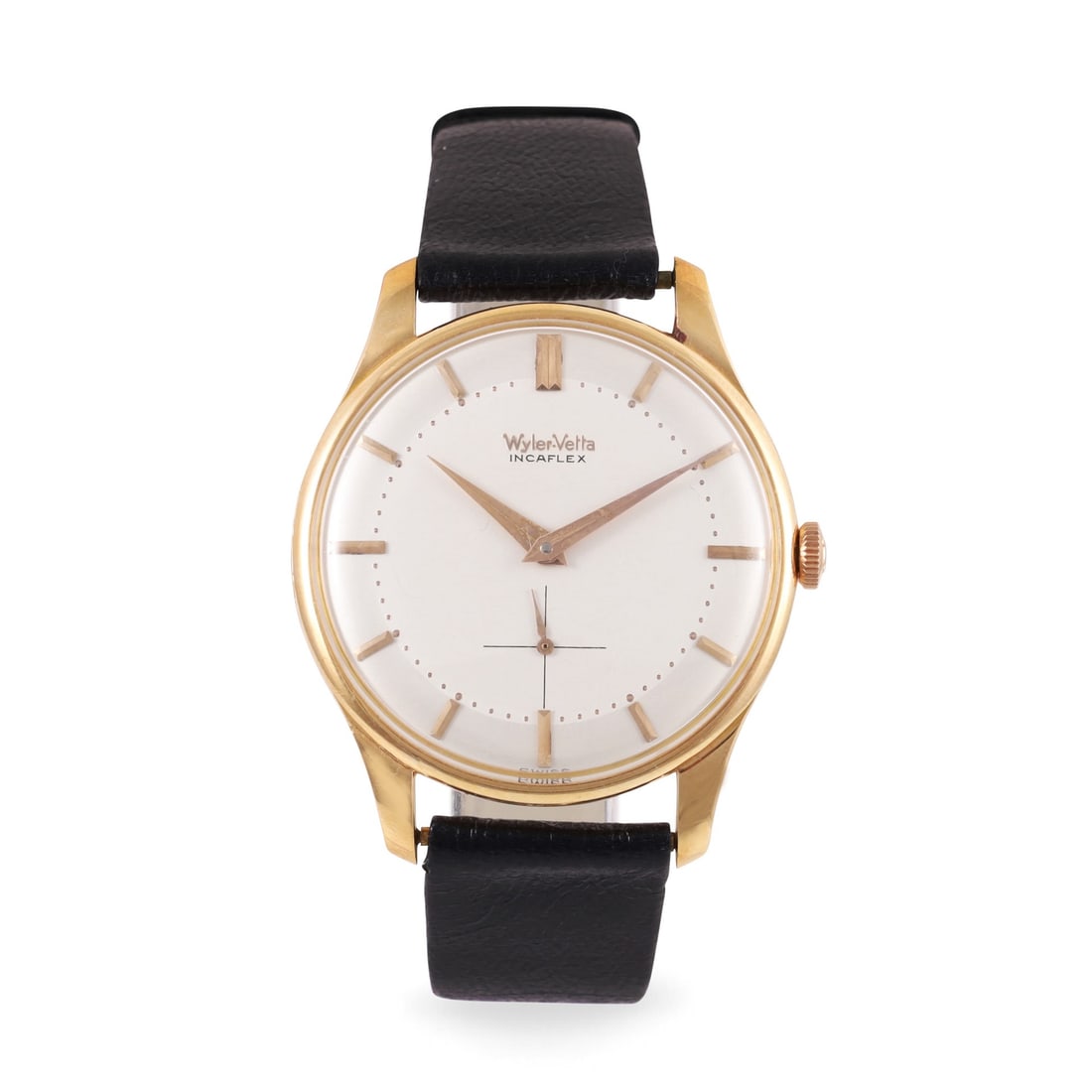 Wyler Vetta: Wyler Vetta Fine, oversize, 18K yellow gold wristwatch Made circa 1960 DIAM: 37 mm Note: New Old Stock