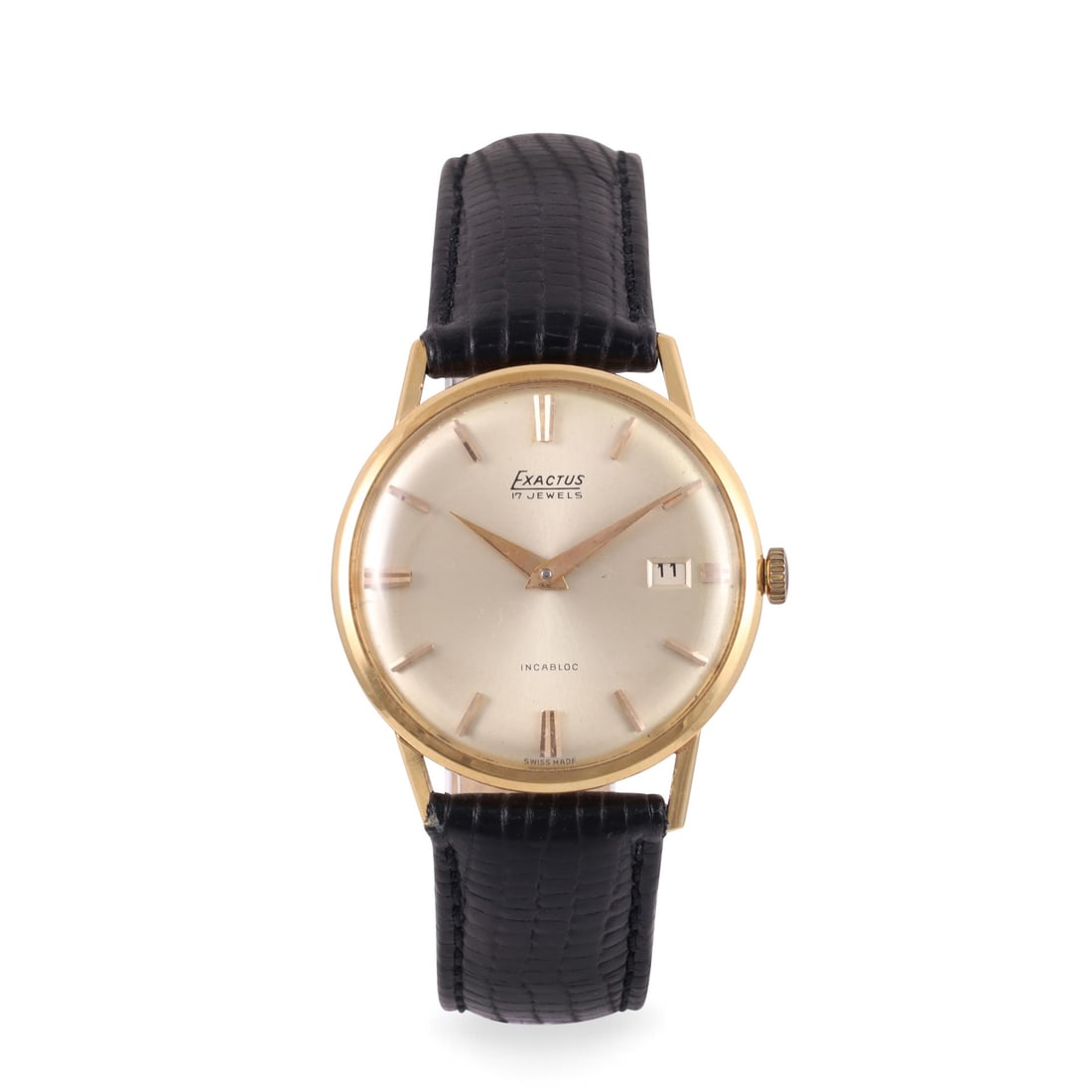 EXACTUS: EXACTUS Ref: 8075 Fine, 18K yellow gold wristwatch with date Made circa 1960 DIAM: 34 mm