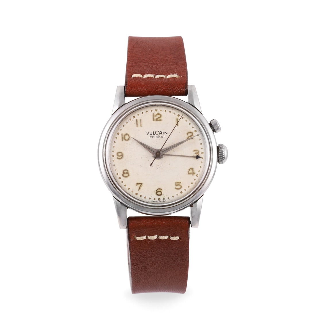 VULCAIN: VULCAIN Ref: 303006, 'Cricket' Fine, stainless steel wristwatch with alarm Made in 1960 DIAM: 34 mm Note: dial reprinted, overhaul recommended
