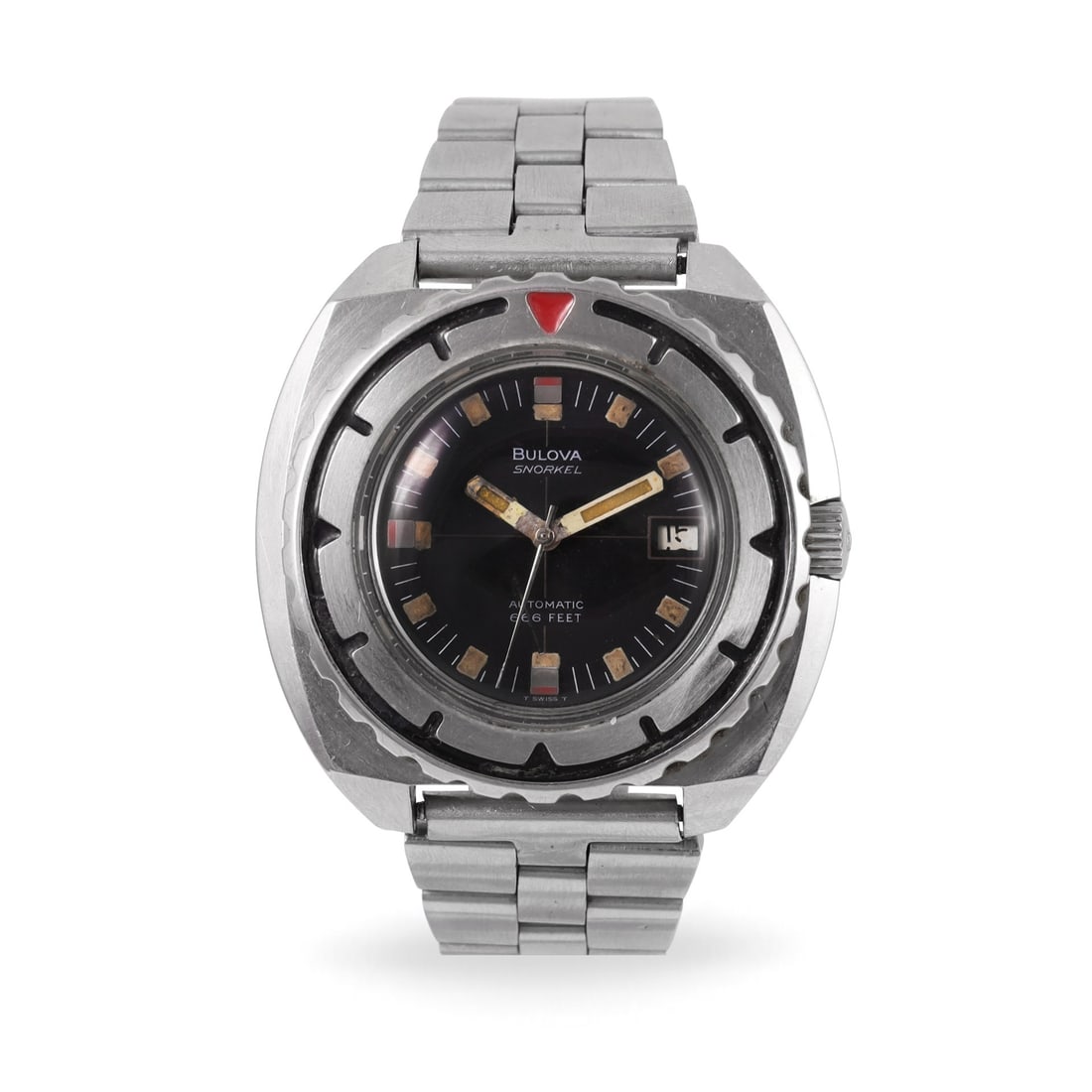 Bulova: Bulova Ref: 'Snorkel 666 Devil Diver' Fine and large, self-winding, stainless steel steel wristwatch with stunning black dial with mezmorizing red and cream accents for indices and date window,